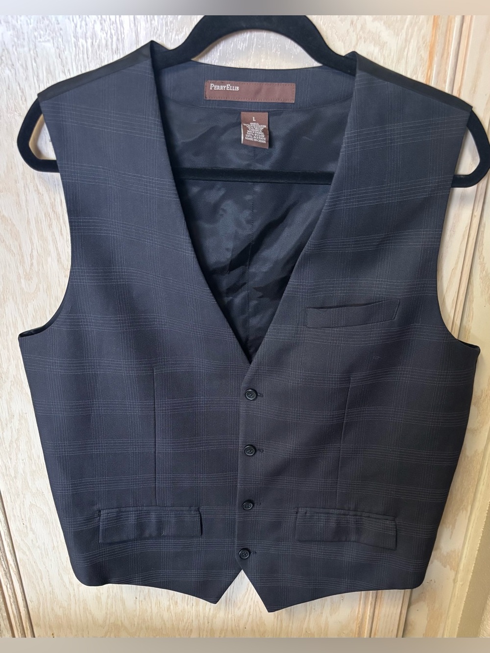 Perry Ellis Mens Vest Sz Large Gray Plaid 4 Button Rayon Wool Blend Pockets